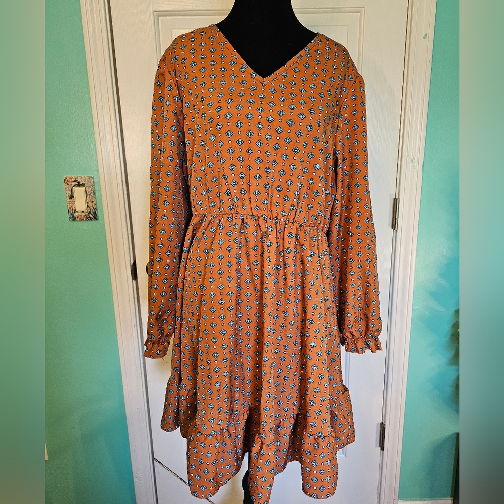 SHEIN Orange Geometric V-Neck Dress Women's Sz 1XL - Picture 2 of 15